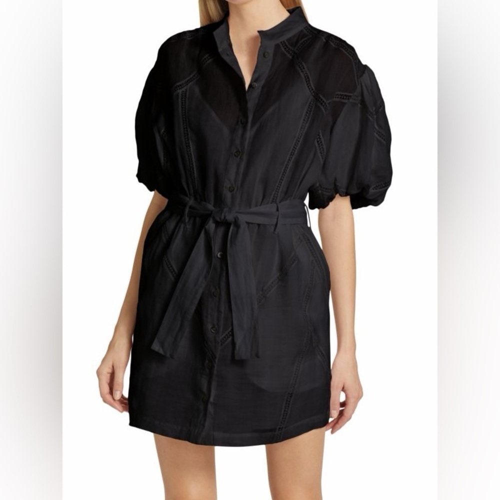 FRAME $495 Inset Lace Puff Sleeve Mini Dress Eyelet Black NWOT Size Small